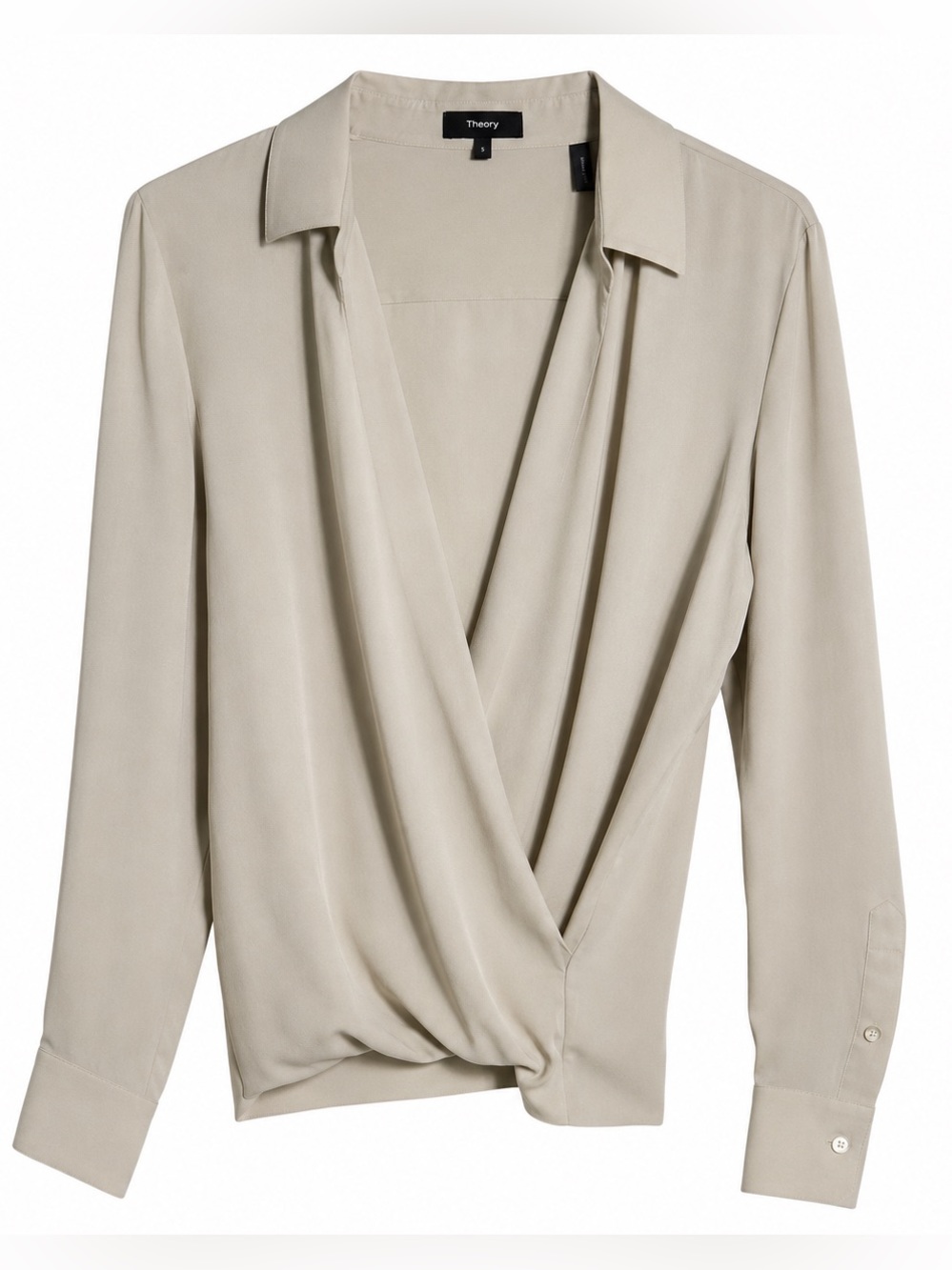 Theory Silk Wrap Blouse Size P Small Long Sleeve Sand Petite
